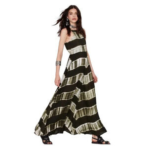 Line & Dot Maxi Dress Size XS Green Shibori High Halter Neckline Boho Flowy